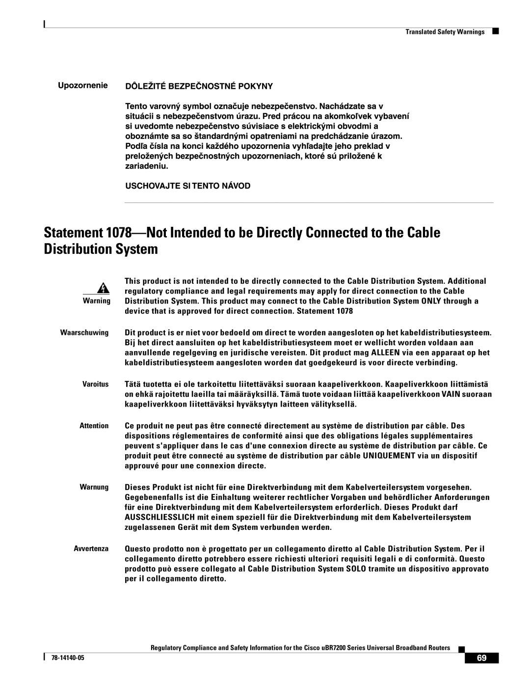 Cisco Systems uBR7200 manual Translated Safety Warnings 