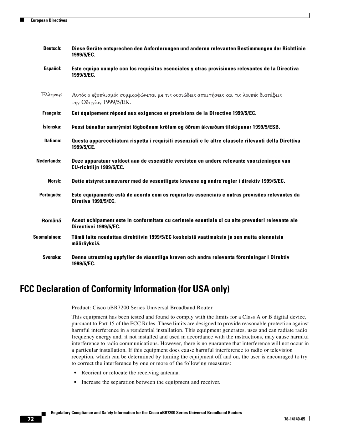 Cisco Systems uBR7200 manual FCC Declaration of Conformity Information for USA only 