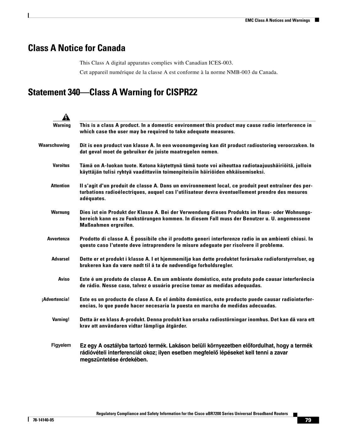 Cisco Systems uBR7200 manual Class a Notice for Canada, Statement 340-Class a Warning for CISPR22 