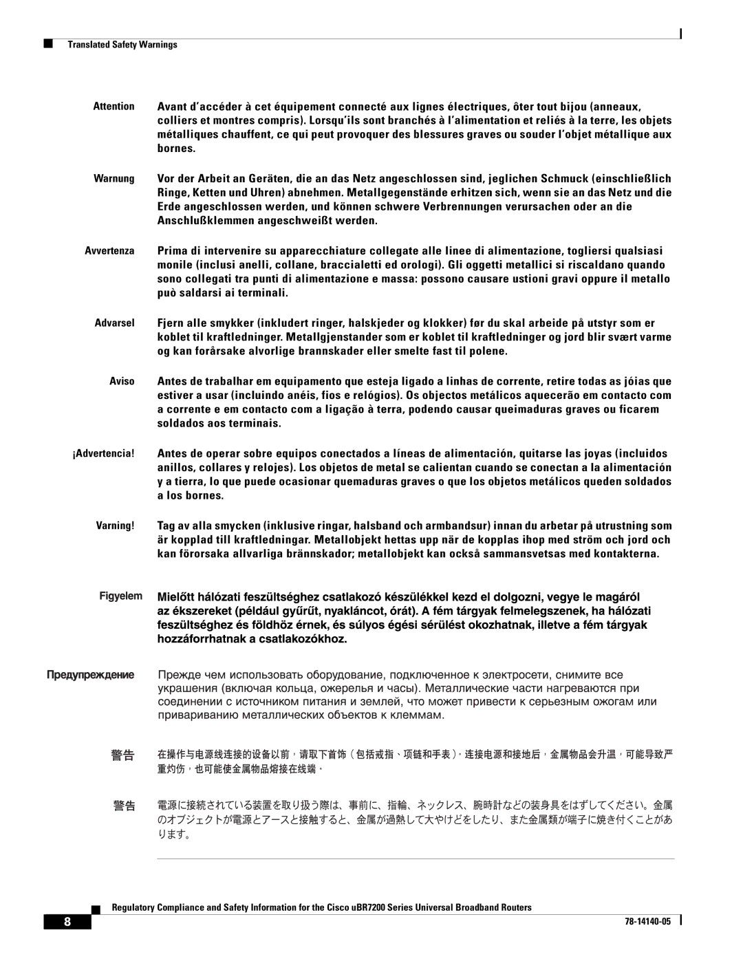 Cisco Systems uBR7200 manual Translated Safety Warnings 