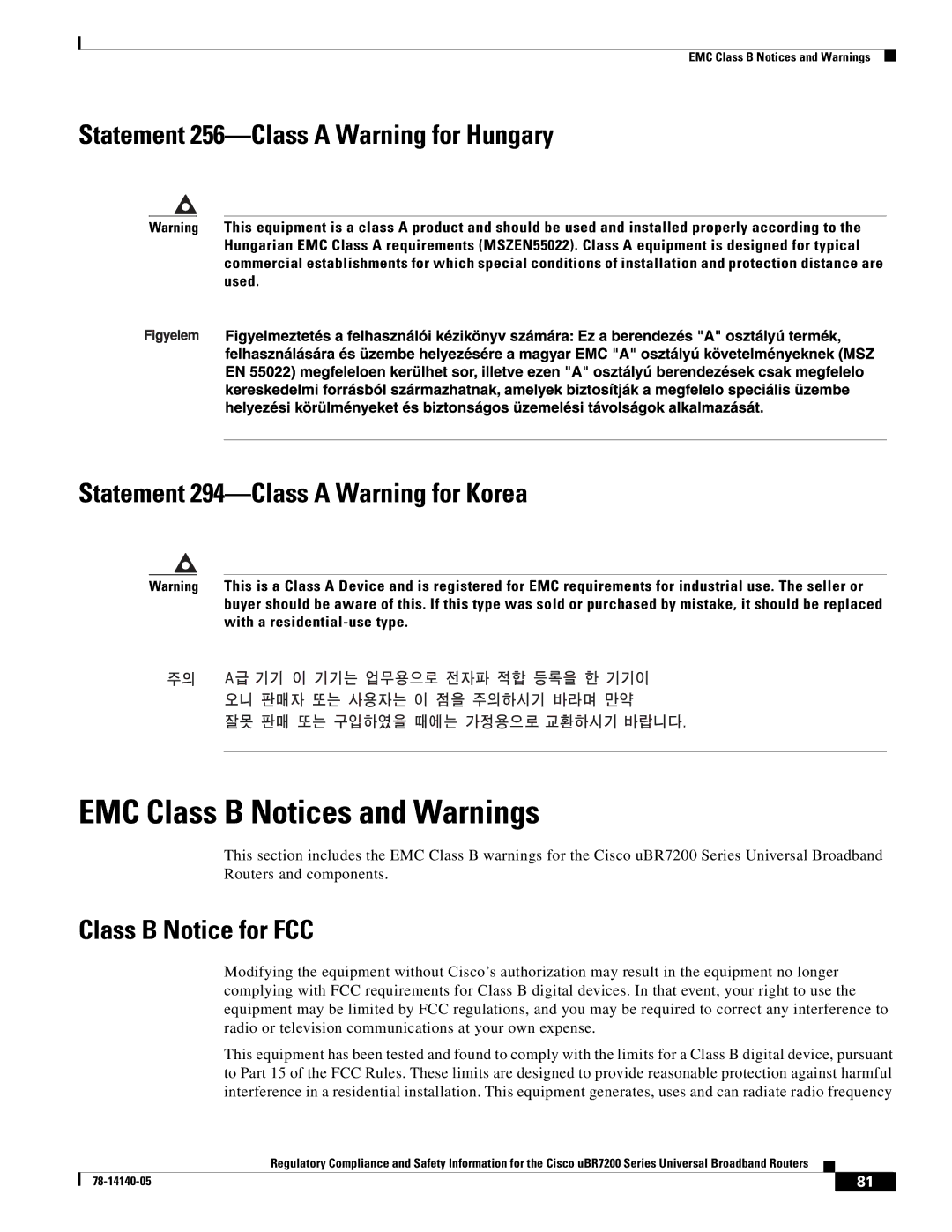 Cisco Systems uBR7200 manual EMC Class B Notices and Warnings, Class B Notice for FCC 