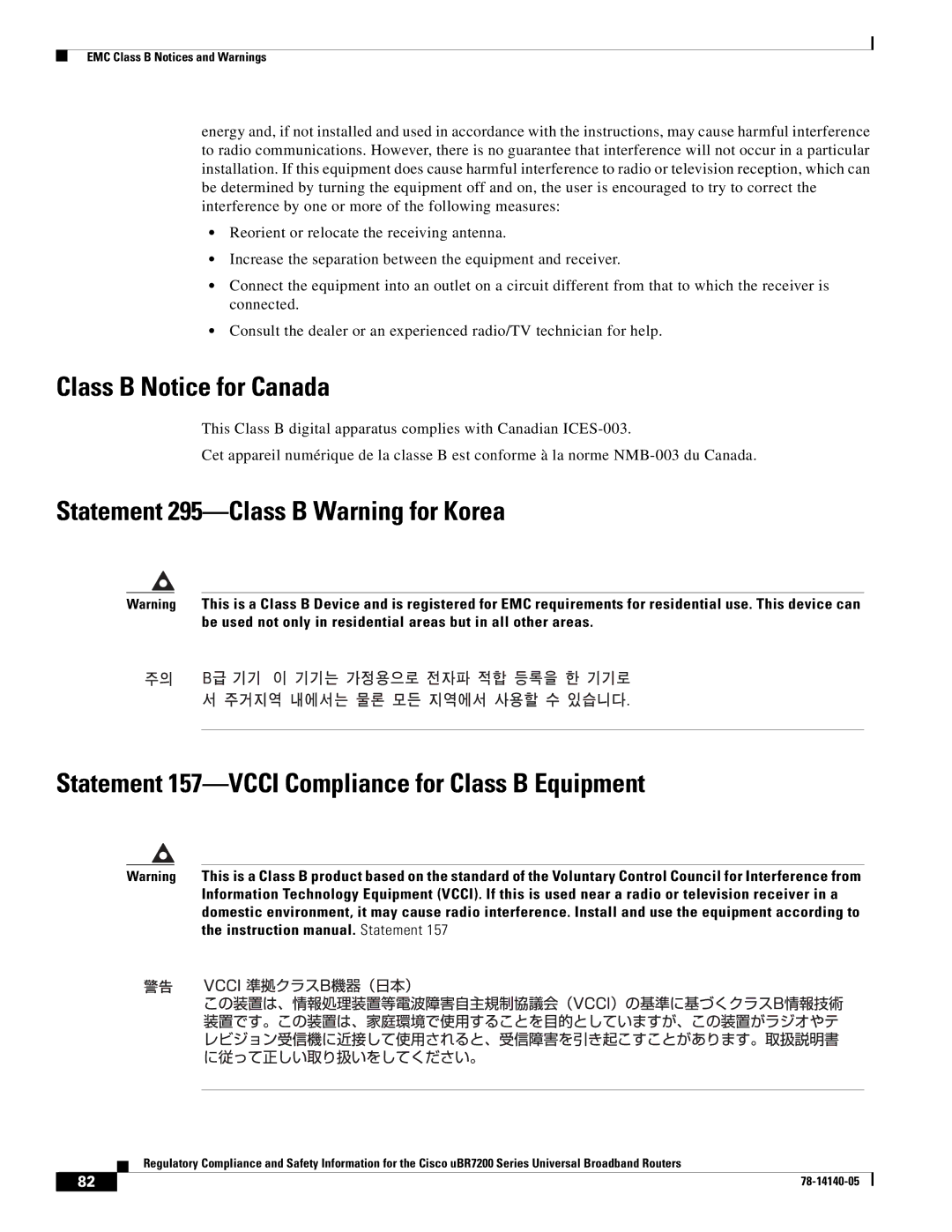 Cisco Systems uBR7200 manual Class B Notice for Canada 