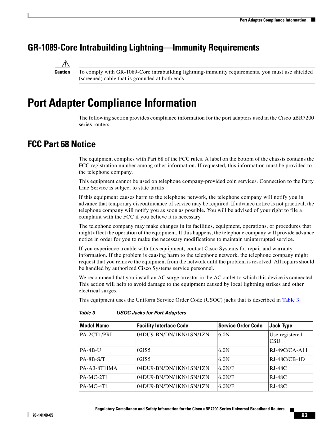 Cisco Systems uBR7200 Port Adapter Compliance Information, GR-1089-Core Intrabuilding Lightning-Immunity Requirements 