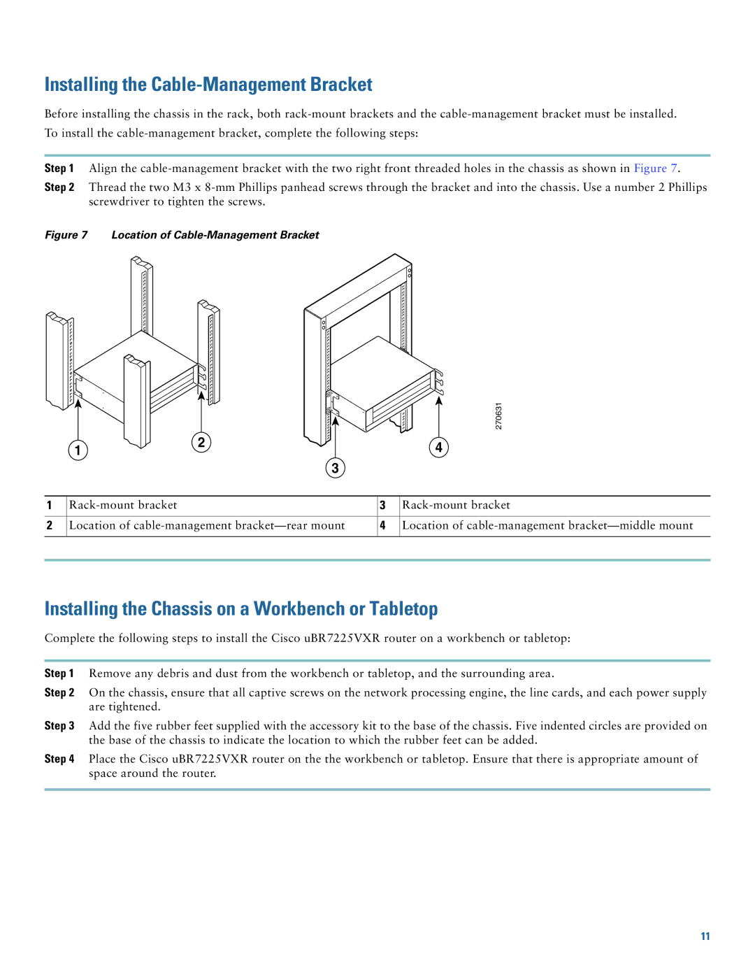 Cisco Systems UBR7225VXR Installing the Cable-Management Bracket, Installing the Chassis on a Workbench or Tabletop 