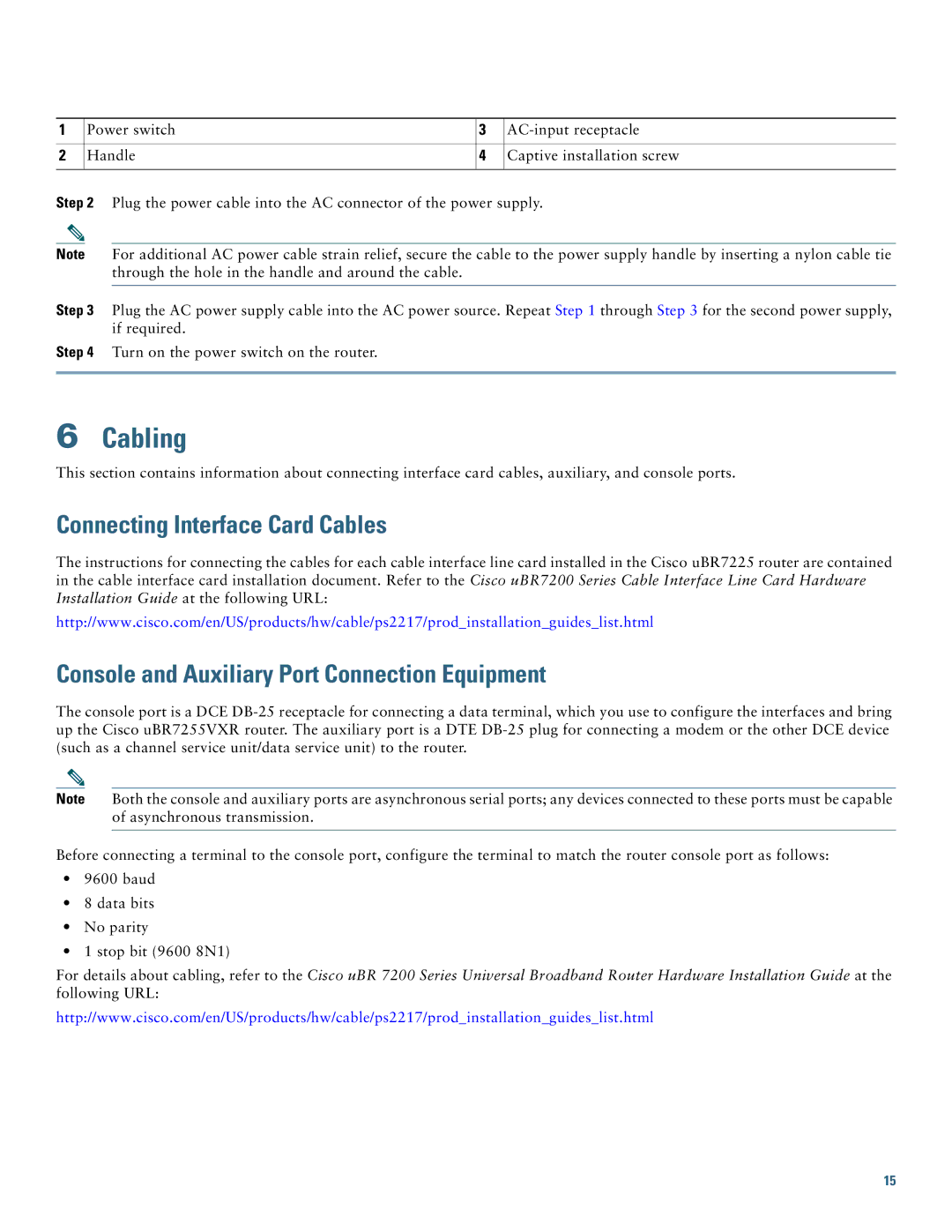 Cisco Systems UBR7225VXR Cabling, Connecting Interface Card Cables, Console and Auxiliary Port Connection Equipment 