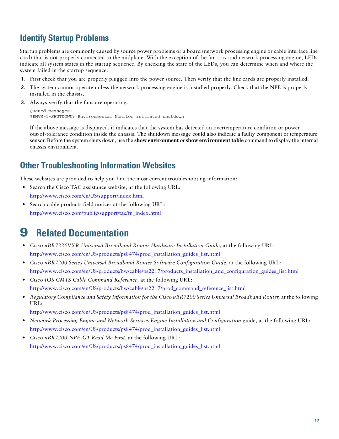 Cisco Systems UBR7225VXR Related Documentation, Identify Startup Problems, Other Troubleshooting Information Websites 