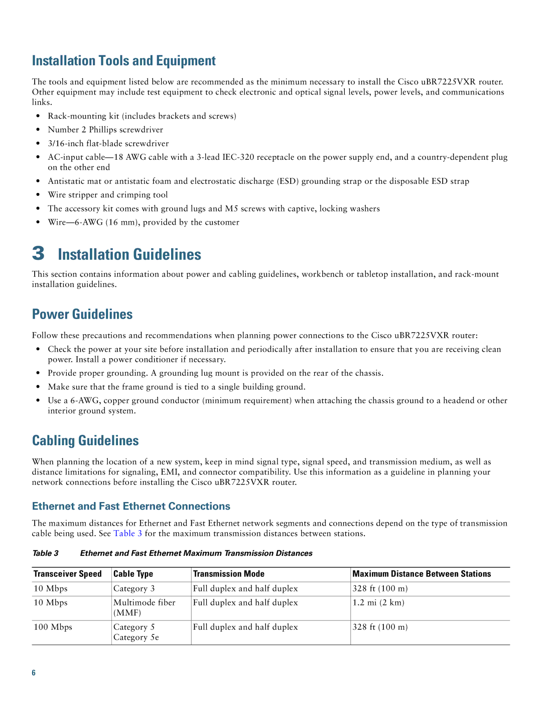 Cisco Systems UBR7225VXR Installation Guidelines, Installation Tools and Equipment, Power Guidelines, Cabling Guidelines 