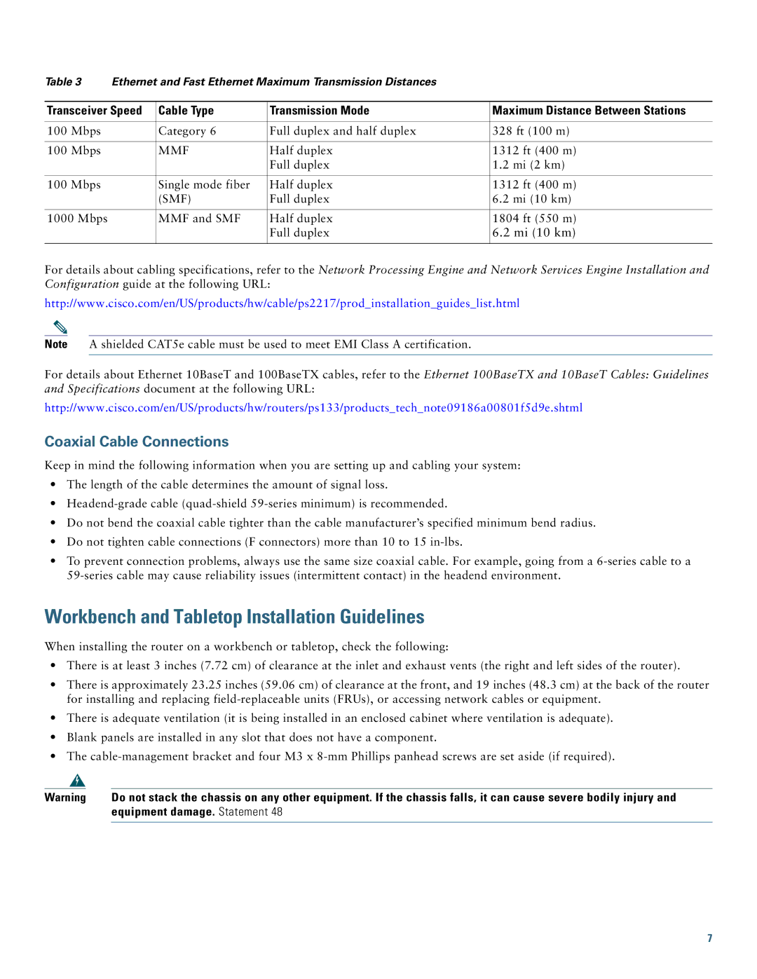 Cisco Systems UBR7225VXR quick start Workbench and Tabletop Installation Guidelines, Coaxial Cable Connections 