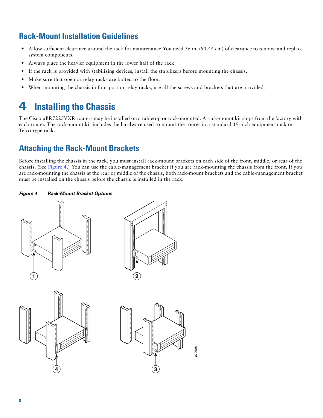 Cisco Systems UBR7225VXR Installing the Chassis, Rack-Mount Installation Guidelines, Attaching the Rack-Mount Brackets 