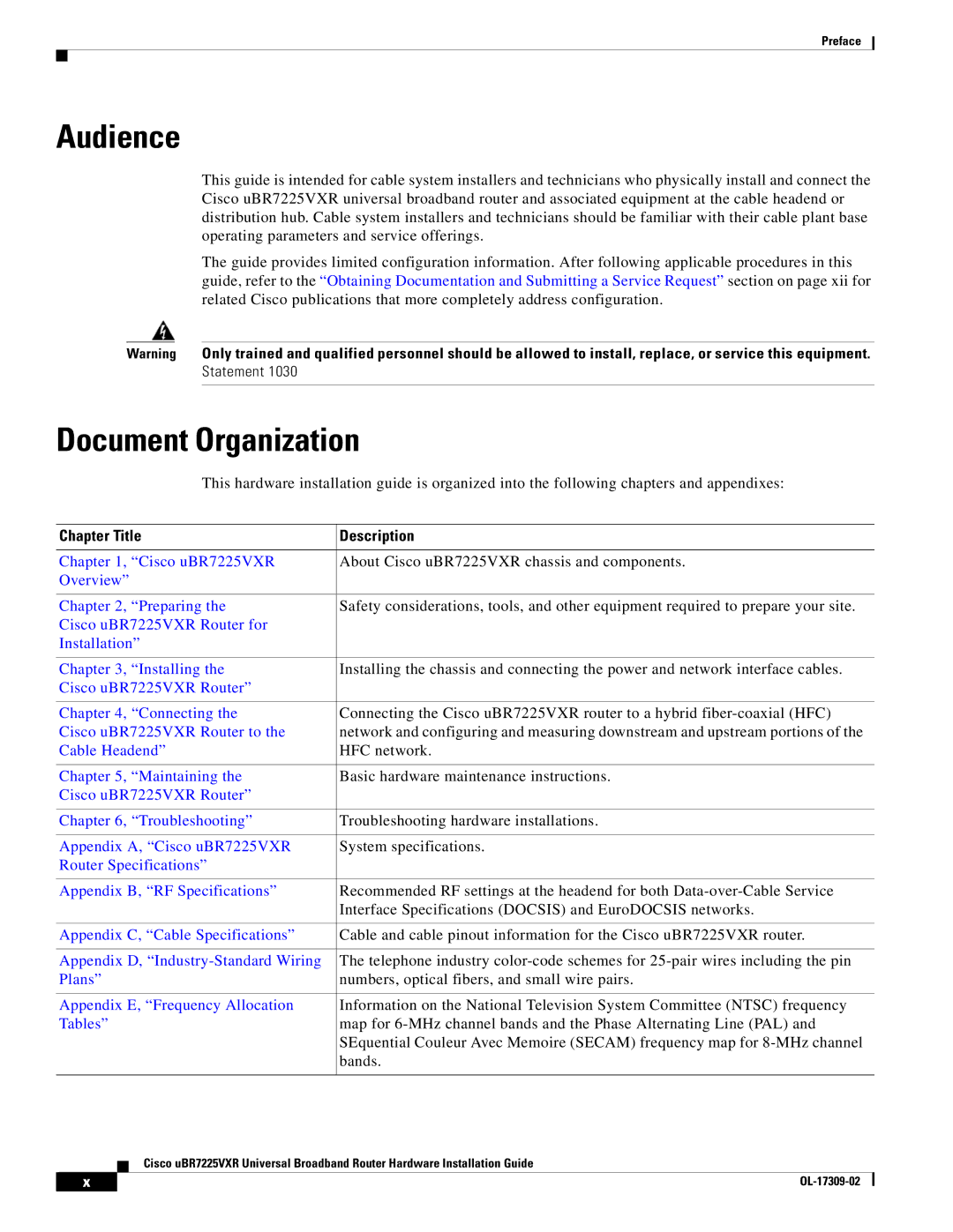 Cisco Systems UBR7225VXR specifications Audience, Document Organization, Chapter Title Description 