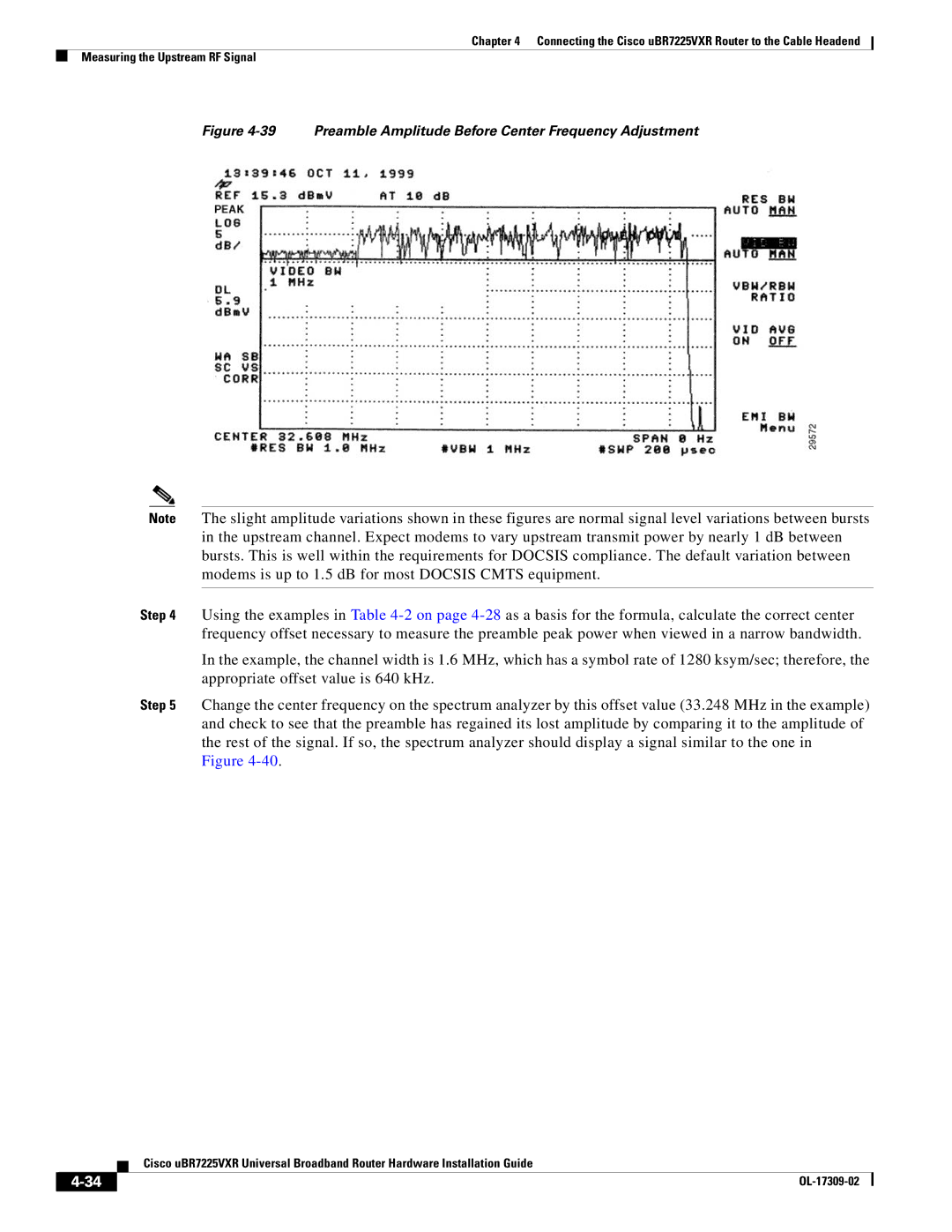 Cisco Systems UBR7225VXR specifications Preamble Amplitude Before Center Frequency Adjustment 