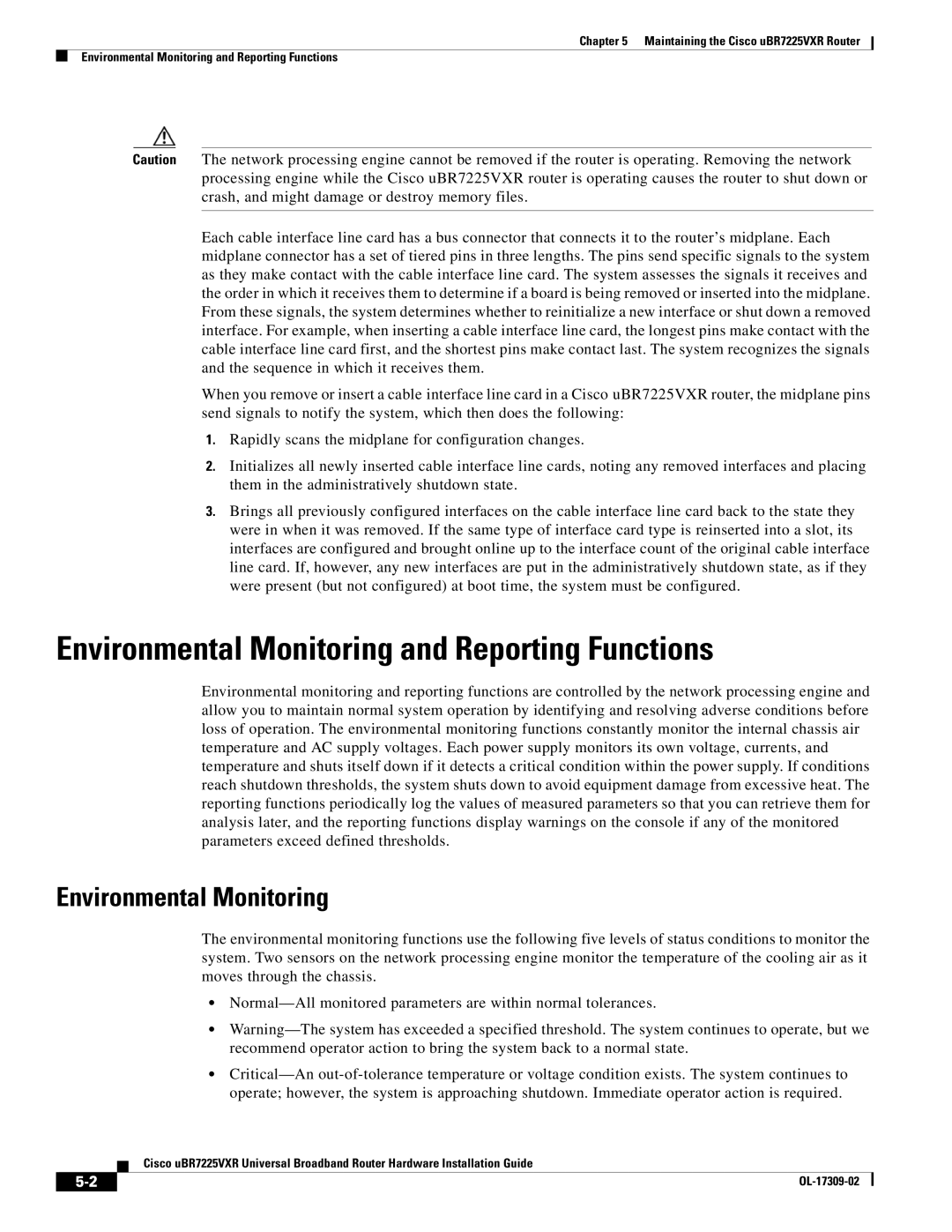 Cisco Systems UBR7225VXR specifications Environmental Monitoring and Reporting Functions 