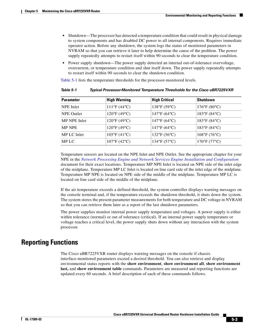 Cisco Systems UBR7225VXR specifications Reporting Functions, Parameter High Warning High Critical Shutdown 