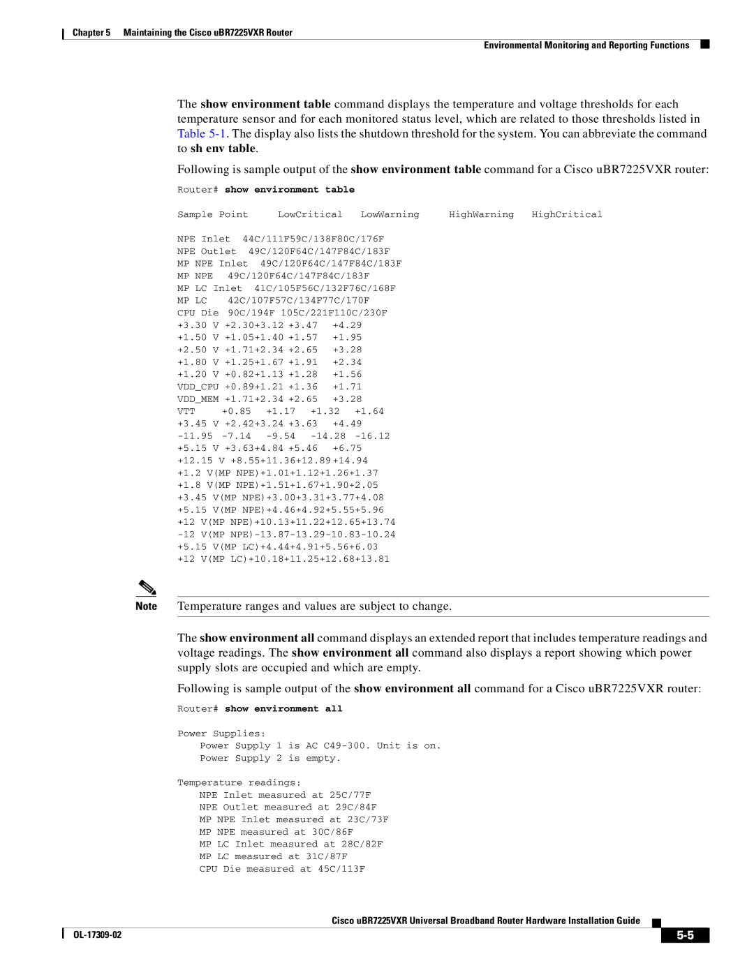 Cisco Systems UBR7225VXR specifications Temperature ranges and values are subject to change 