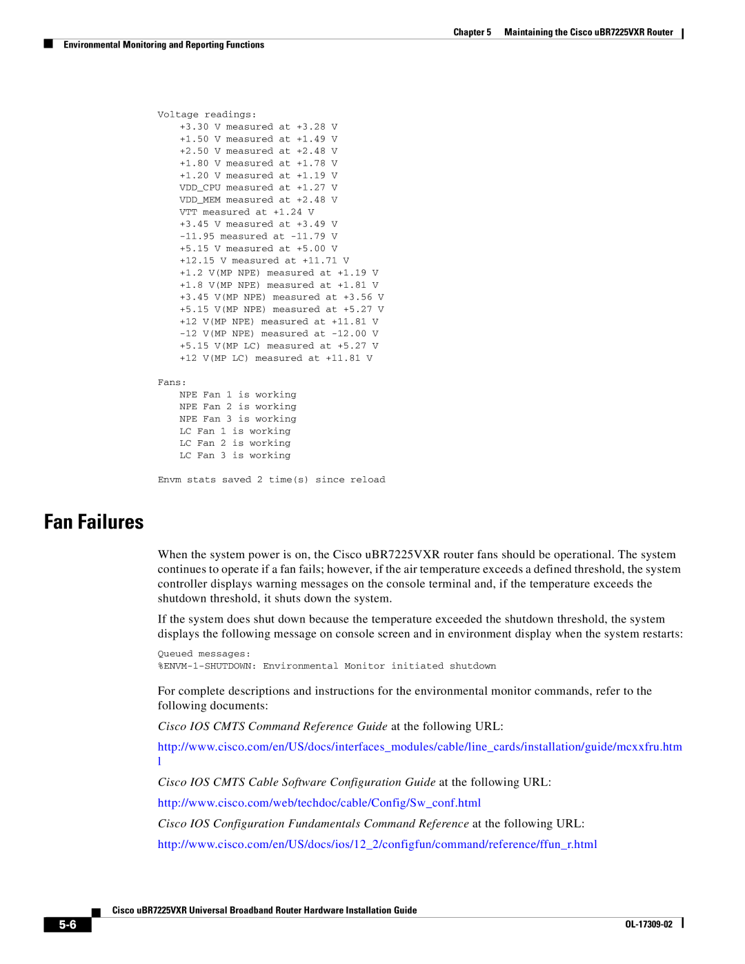 Cisco Systems UBR7225VXR specifications Fan Failures 