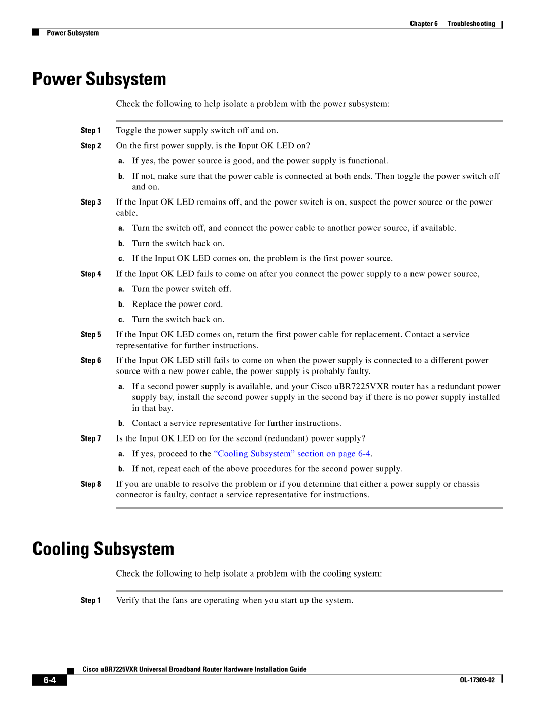 Cisco Systems UBR7225VXR specifications Power Subsystem, Cooling Subsystem 