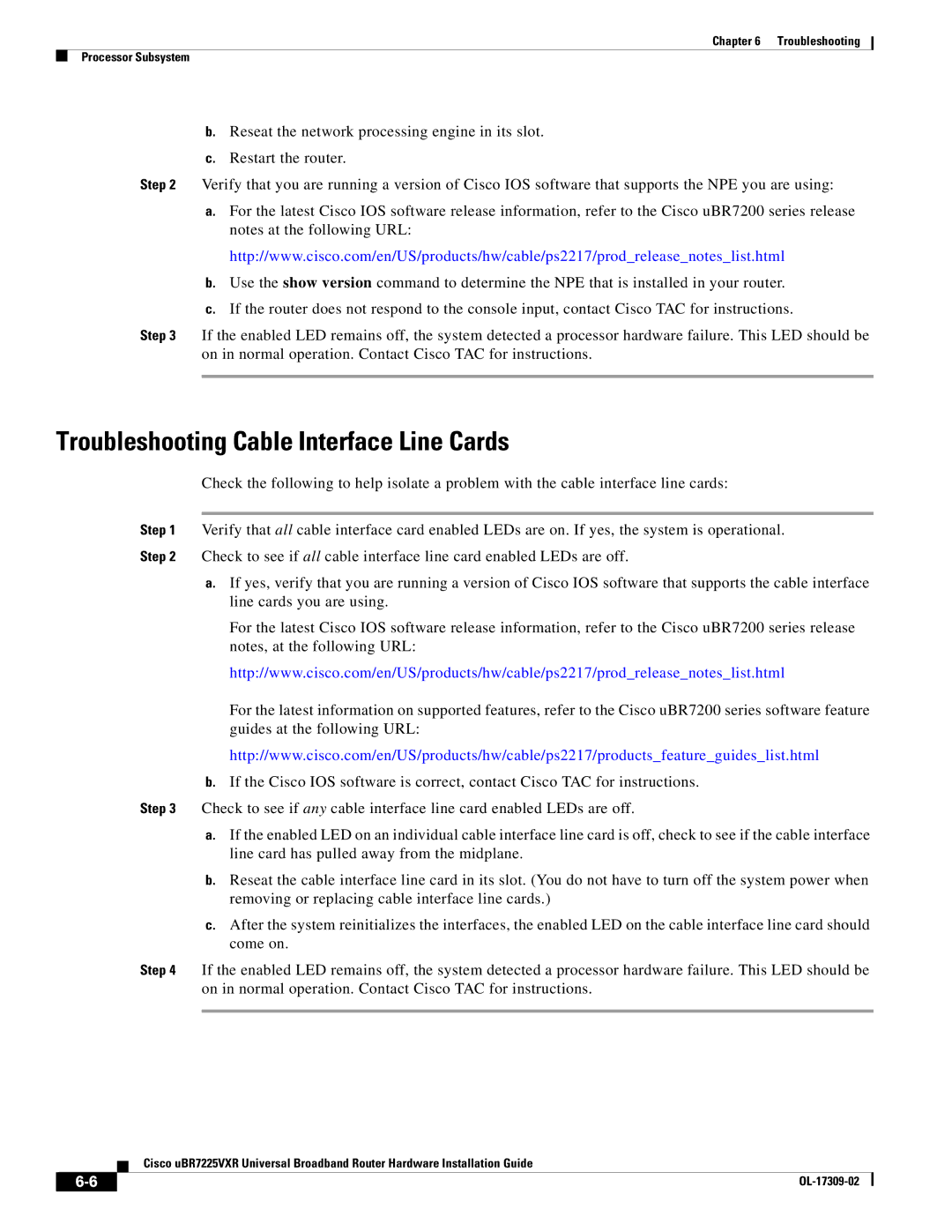 Cisco Systems UBR7225VXR specifications Troubleshooting Cable Interface Line Cards 