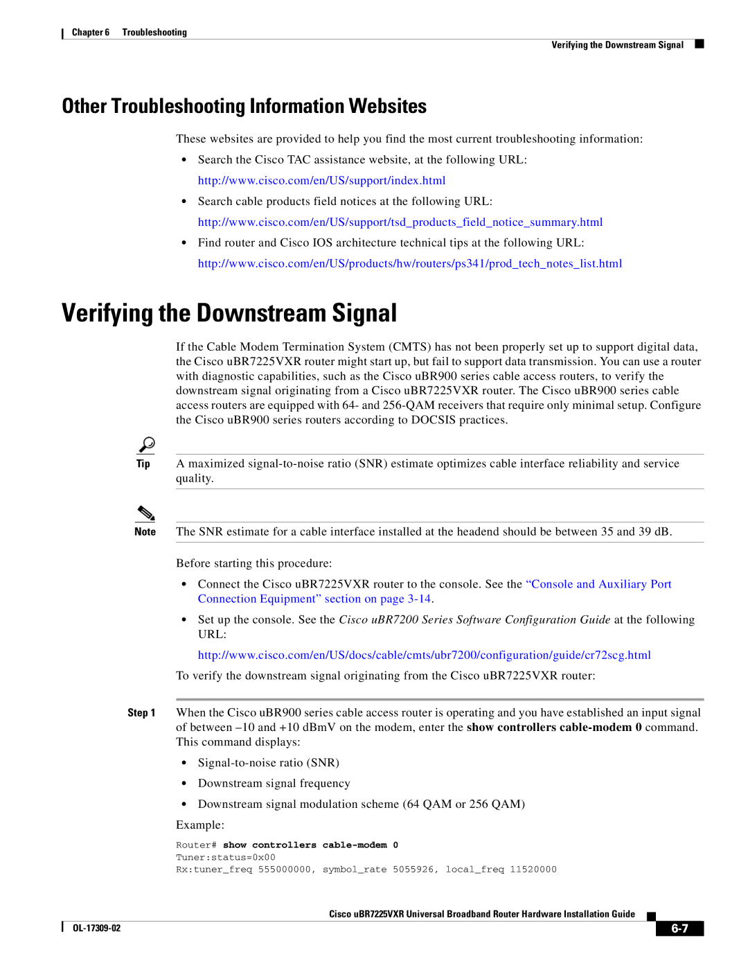 Cisco Systems UBR7225VXR specifications Verifying the Downstream Signal, Other Troubleshooting Information Websites 