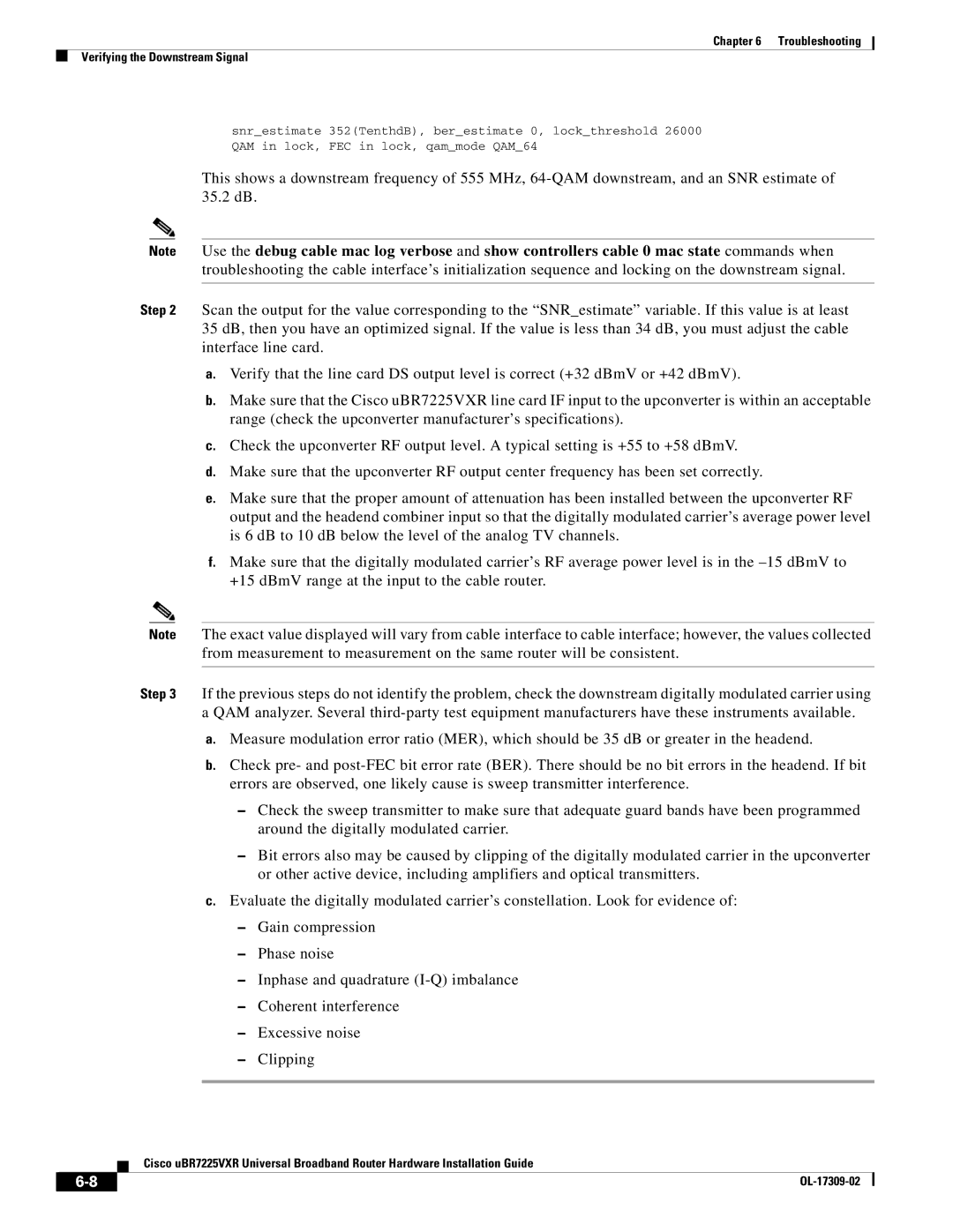 Cisco Systems UBR7225VXR specifications Troubleshooting Verifying the Downstream Signal 