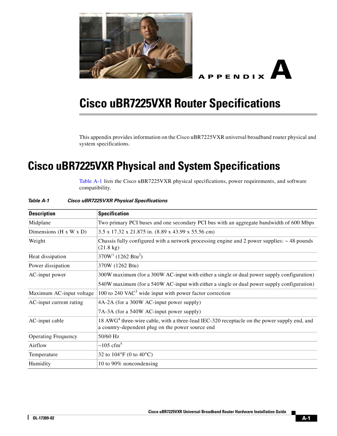 Cisco Systems UBR7225VXR specifications Cisco uBR7225VXR Router Specifications, Description Specification 