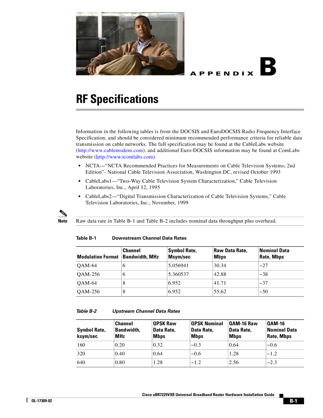 Cisco Systems UBR7225VXR specifications RF Specifications, Channel Symbol Rate Raw Data Rate Nominal Data, Channel Qpsk Raw 