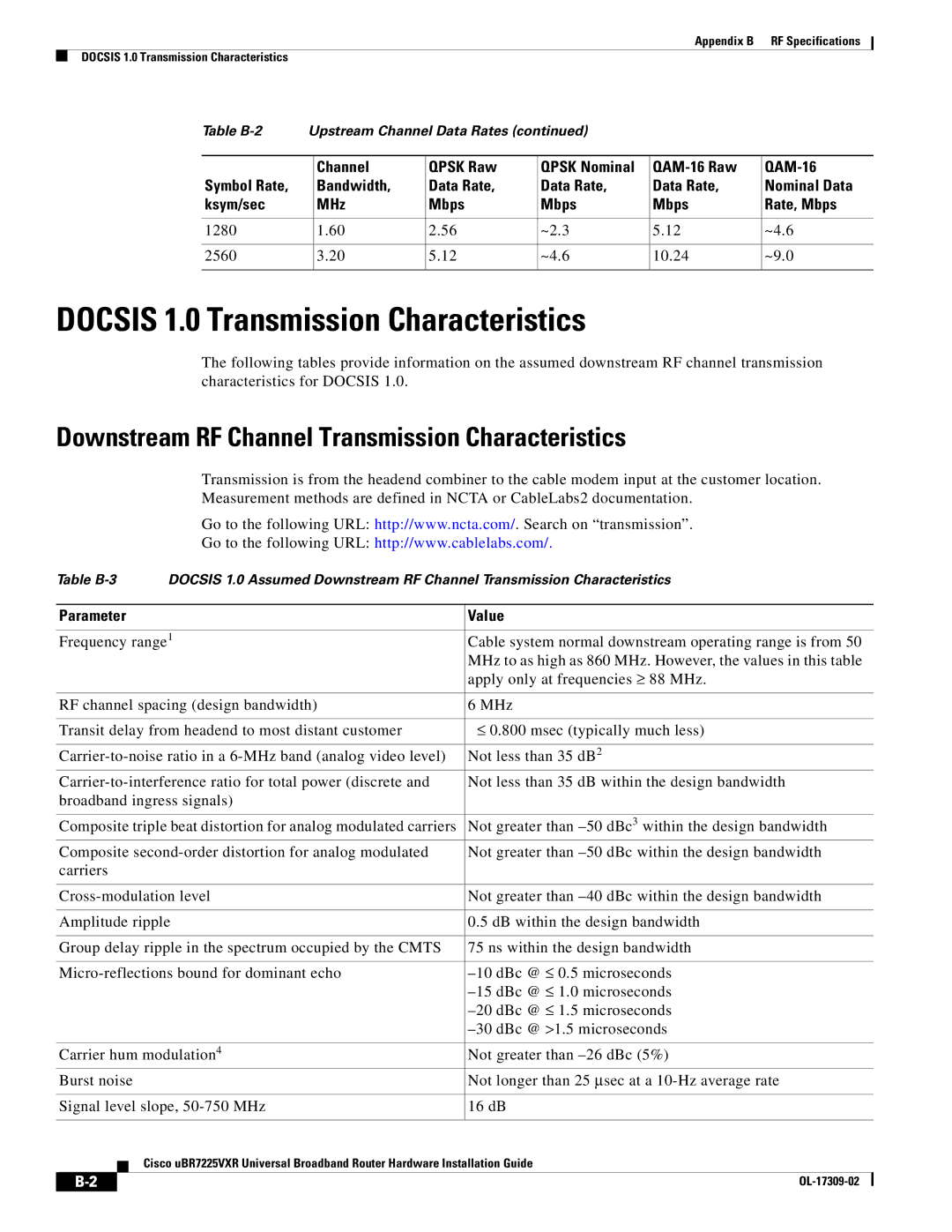 Cisco Systems UBR7225VXR Docsis 1.0 Transmission Characteristics, Downstream RF Channel Transmission Characteristics 