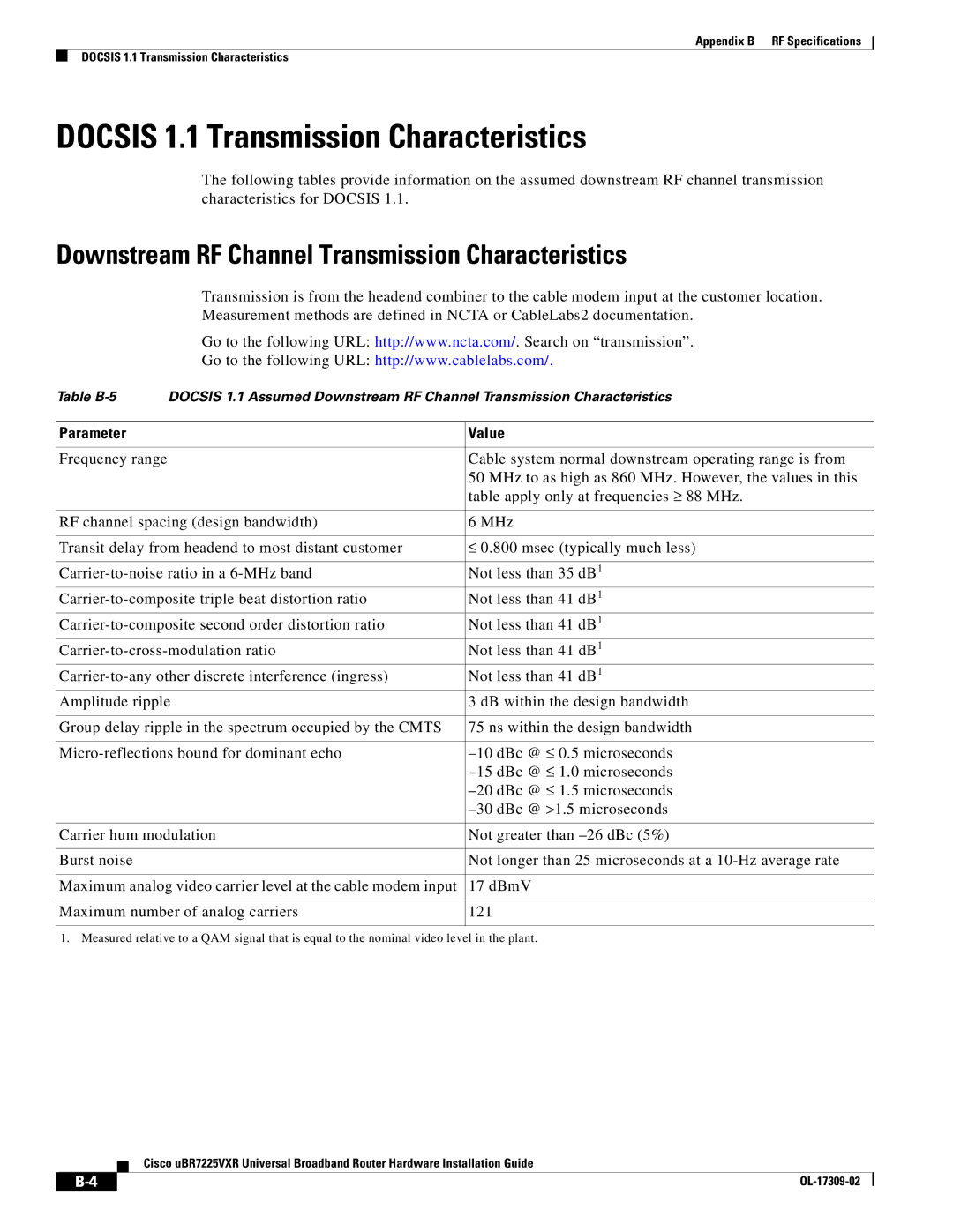 Cisco Systems UBR7225VXR specifications Docsis 1.1 Transmission Characteristics 