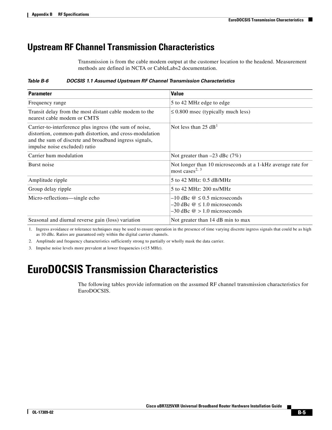 Cisco Systems UBR7225VXR specifications EuroDOCSIS Transmission Characteristics 