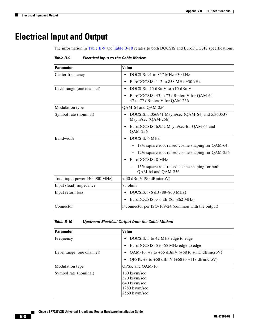 Cisco Systems UBR7225VXR specifications Electrical Input and Output 