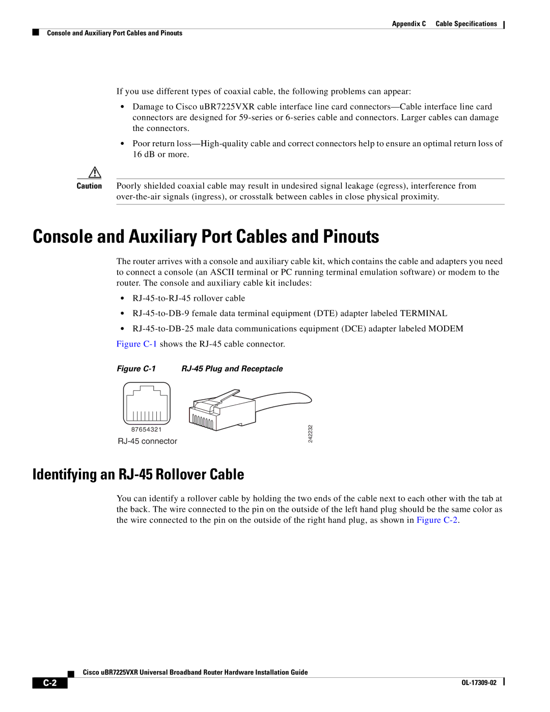 Cisco Systems UBR7225VXR specifications Console and Auxiliary Port Cables and Pinouts, Identifying an RJ-45 Rollover Cable 