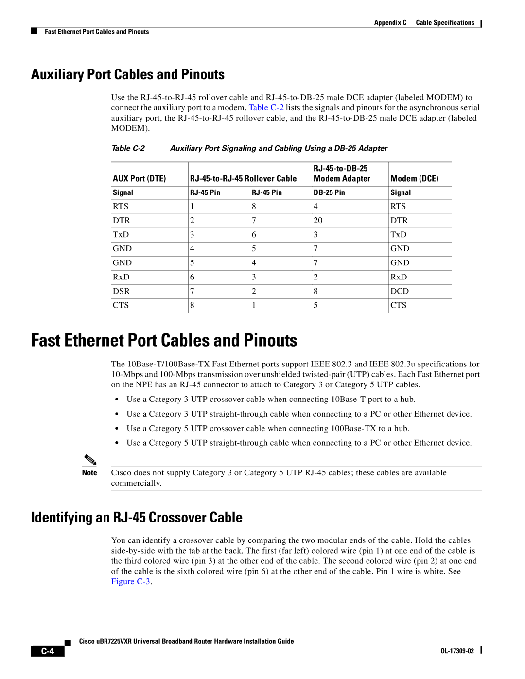 Cisco Systems UBR7225VXR specifications Fast Ethernet Port Cables and Pinouts, Auxiliary Port Cables and Pinouts 