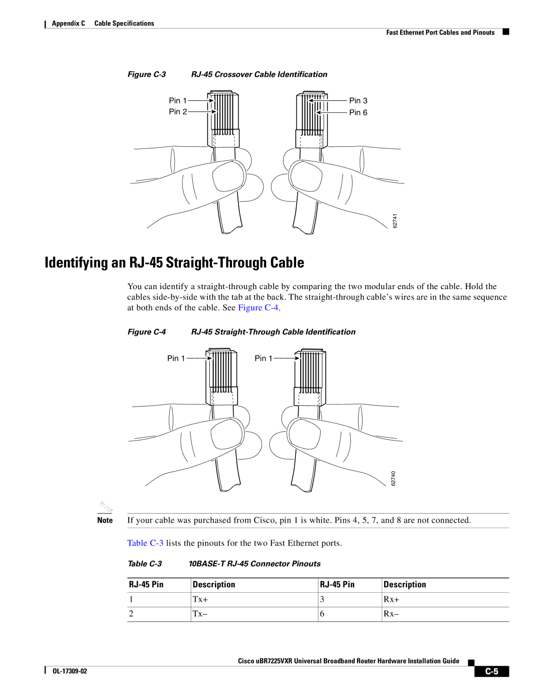 Cisco Systems UBR7225VXR specifications Identifying an RJ-45 Straight-Through Cable, RJ-45 Pin Description 