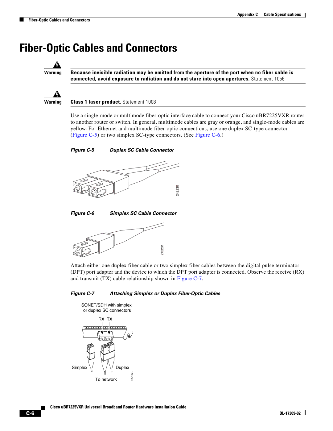 Cisco Systems UBR7225VXR specifications Fiber-Optic Cables and Connectors, Figure C-5 Duplex SC Cable Connector 