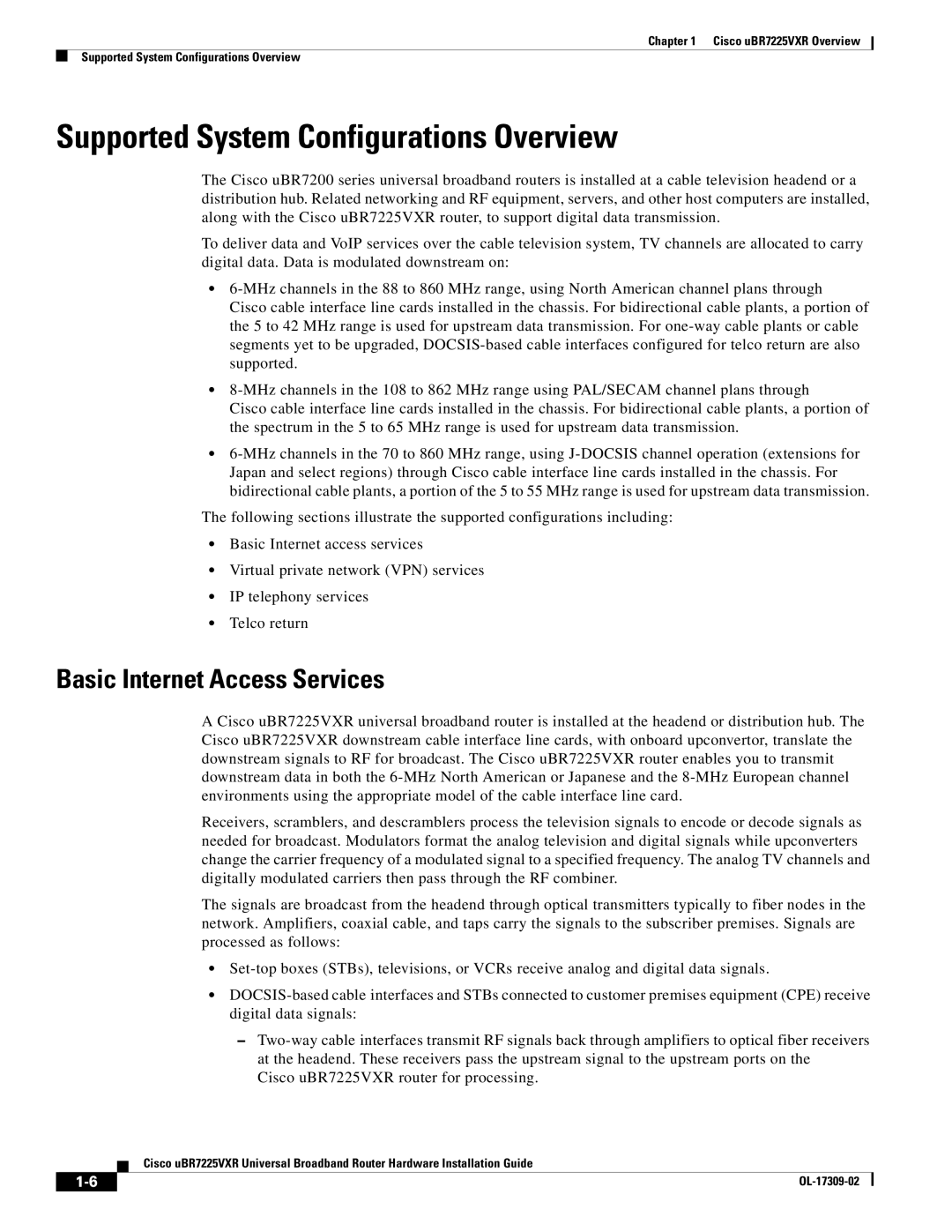 Cisco Systems UBR7225VXR specifications Supported System Configurations Overview, Basic Internet Access Services 