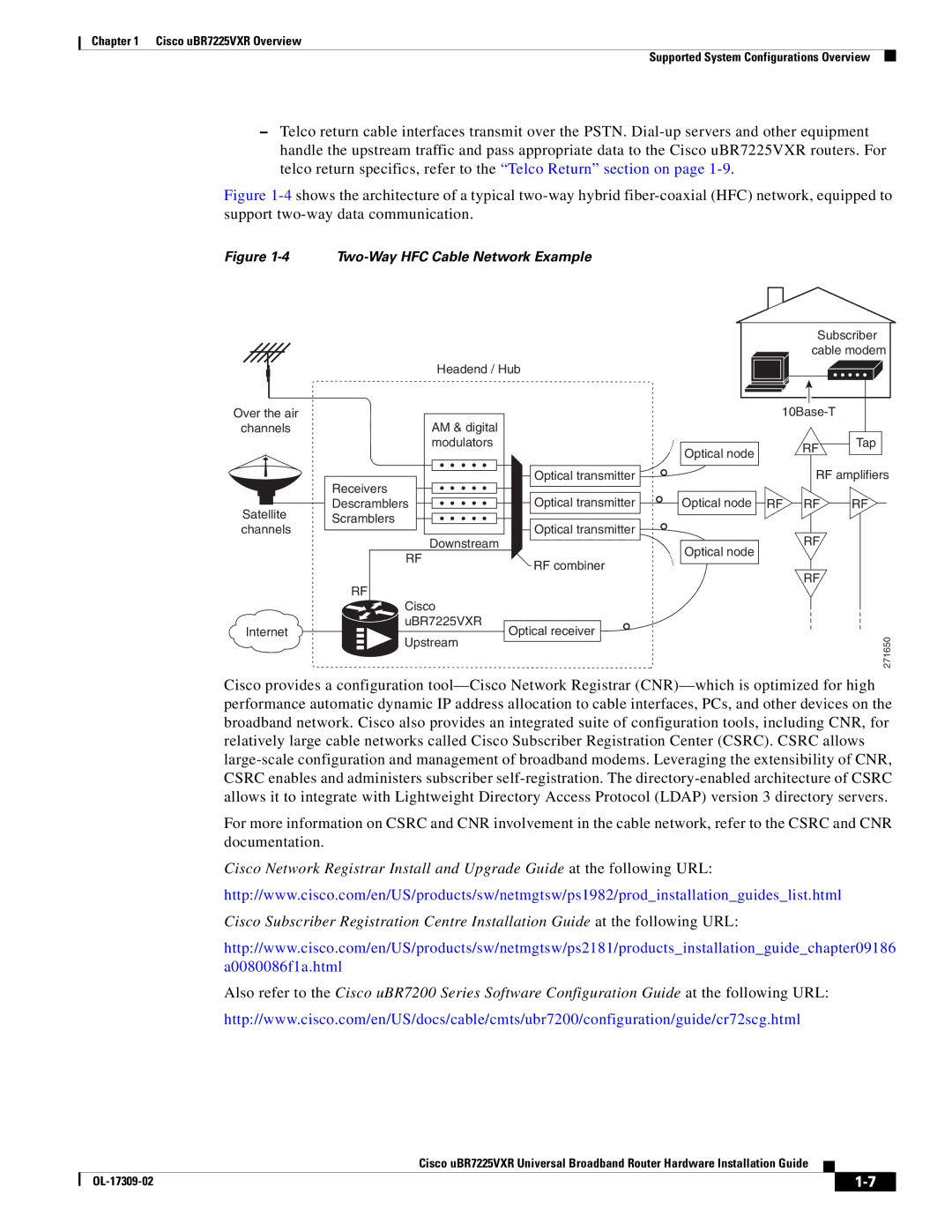 Cisco Systems UBR7225VXR specifications Two-Way HFC Cable Network Example 