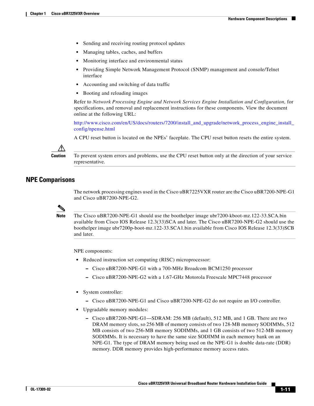 Cisco Systems UBR7225VXR specifications NPE Comparisons 