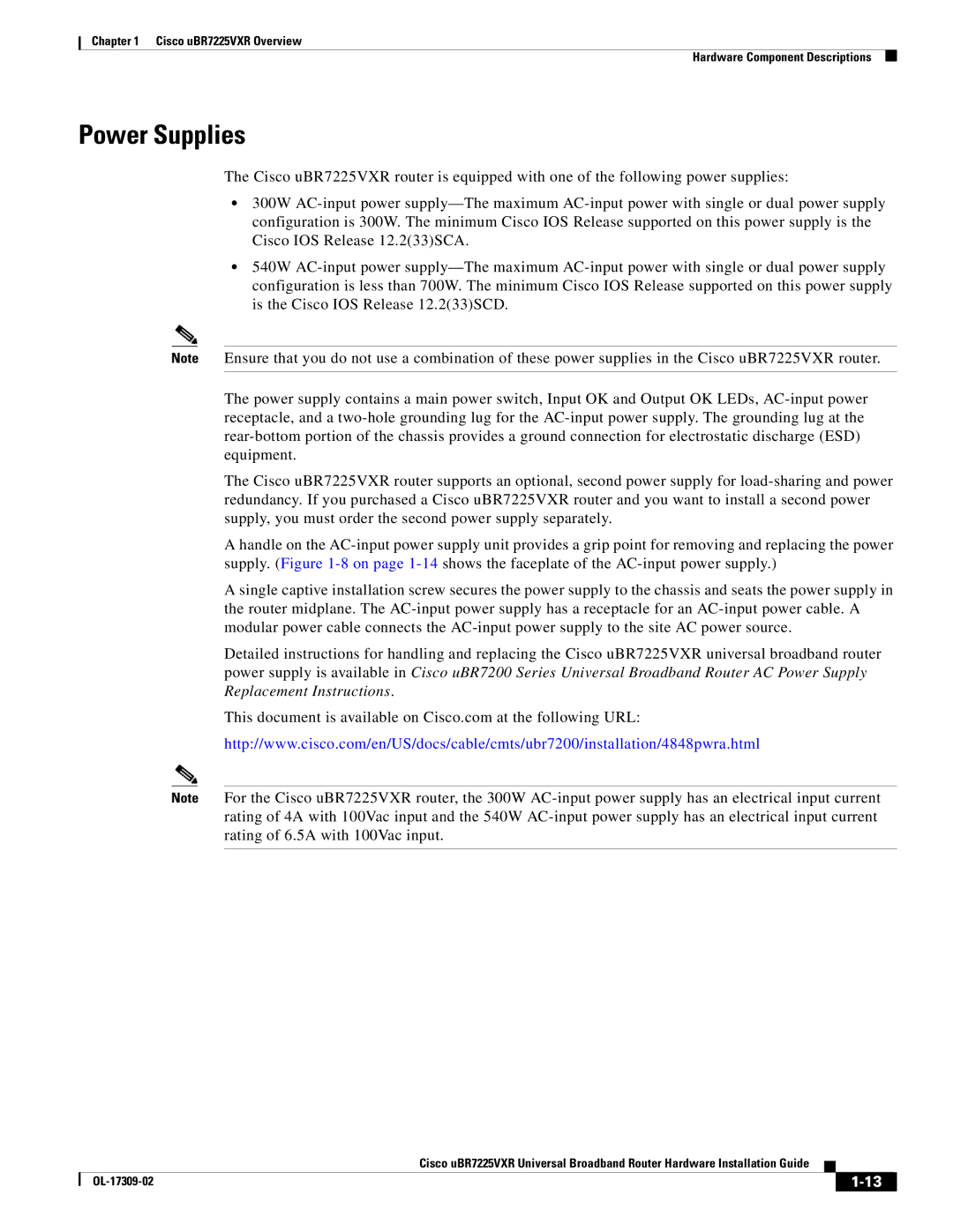 Cisco Systems UBR7225VXR specifications Power Supplies 