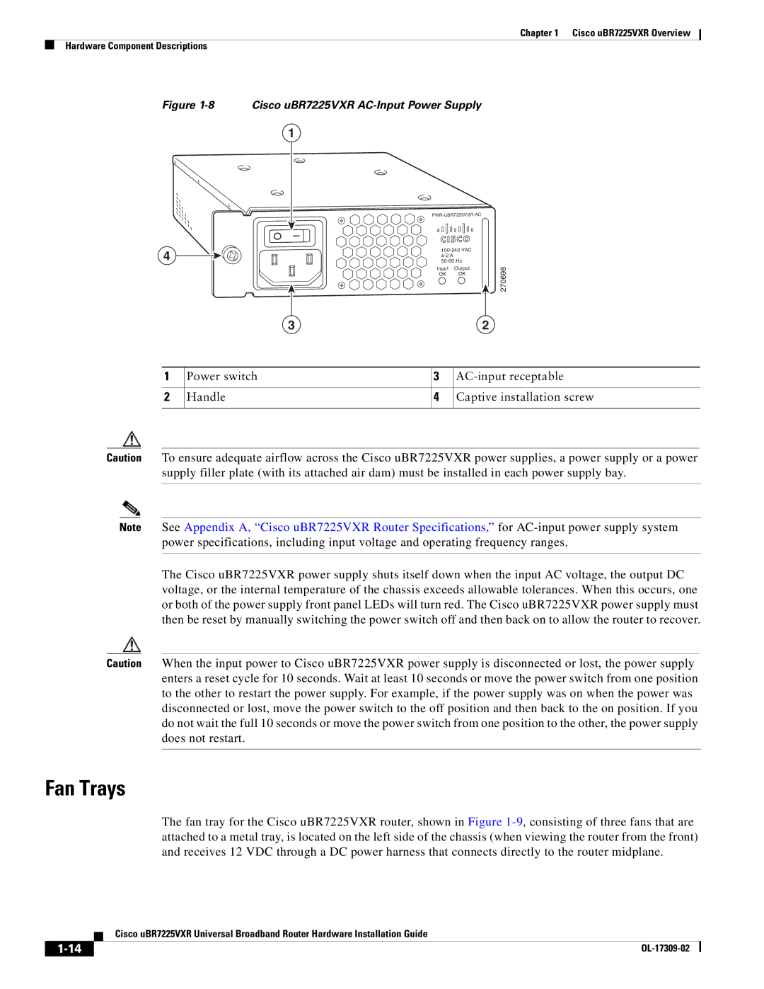 Cisco Systems UBR7225VXR specifications Fan Trays, Cisco uBR7225VXR AC-Input Power Supply 