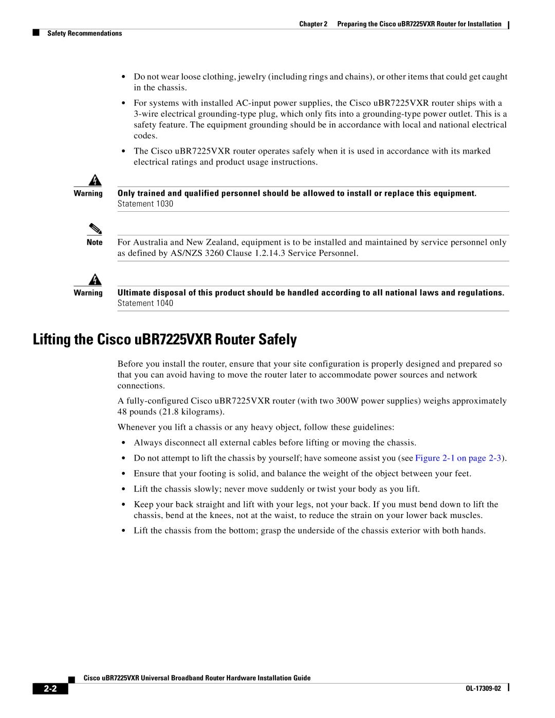 Cisco Systems UBR7225VXR specifications Lifting the Cisco uBR7225VXR Router Safely 