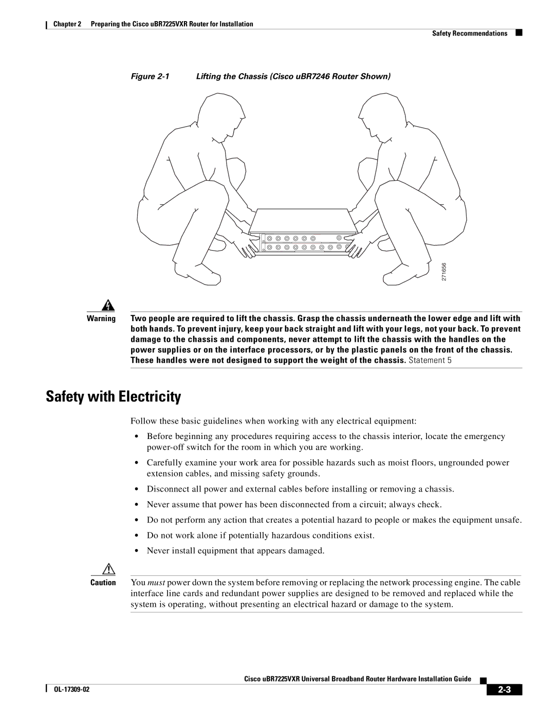 Cisco Systems UBR7225VXR specifications Safety with Electricity, Lifting the Chassis Cisco uBR7246 Router Shown 