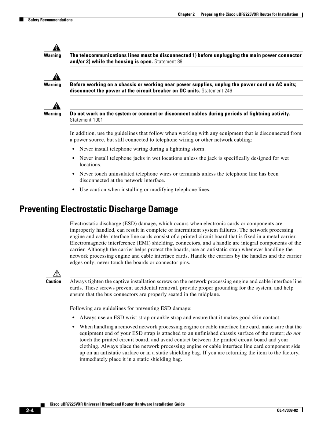 Cisco Systems UBR7225VXR specifications Preventing Electrostatic Discharge Damage 