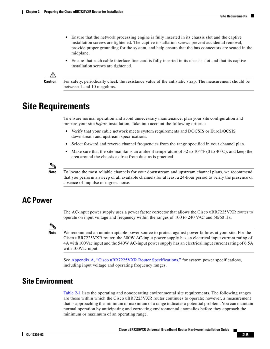 Cisco Systems UBR7225VXR specifications Site Requirements, AC Power, Site Environment 