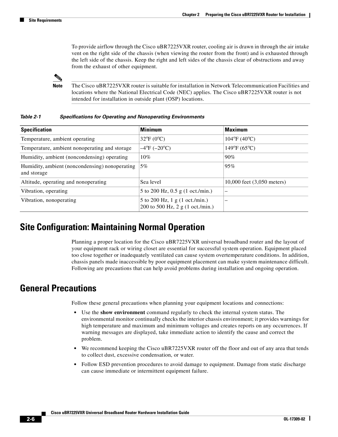 Cisco Systems UBR7225VXR specifications Site Configuration Maintaining Normal Operation, General Precautions 