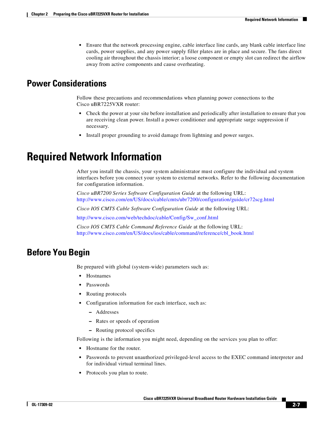 Cisco Systems UBR7225VXR specifications Required Network Information, Power Considerations, Before You Begin 