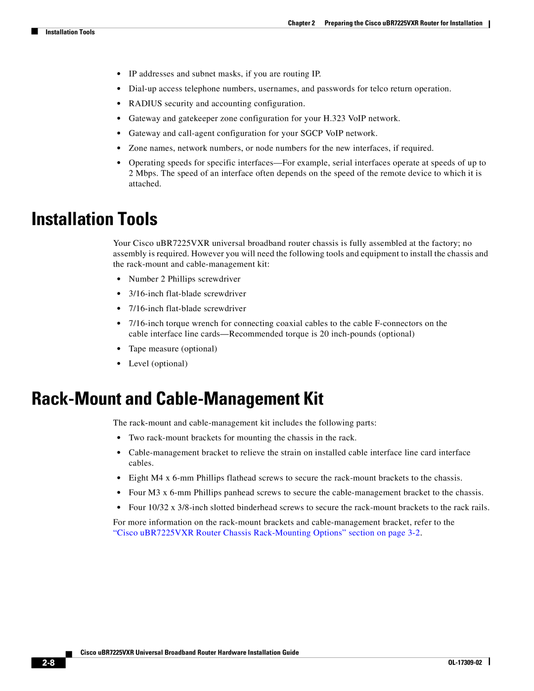 Cisco Systems UBR7225VXR specifications Installation Tools, Rack-Mount and Cable-Management Kit 