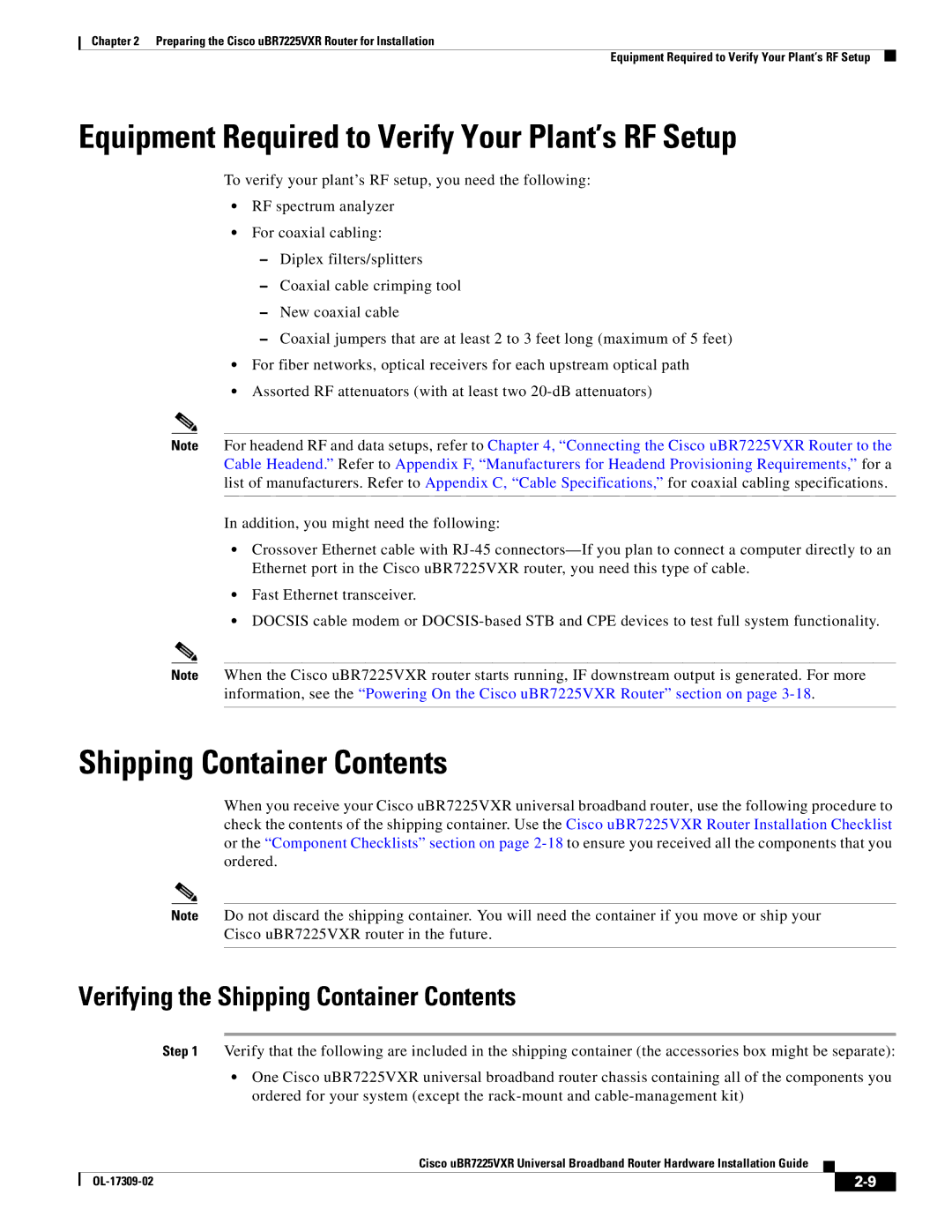 Cisco Systems UBR7225VXR specifications Equipment Required to Verify Your Plant’s RF Setup, Shipping Container Contents 