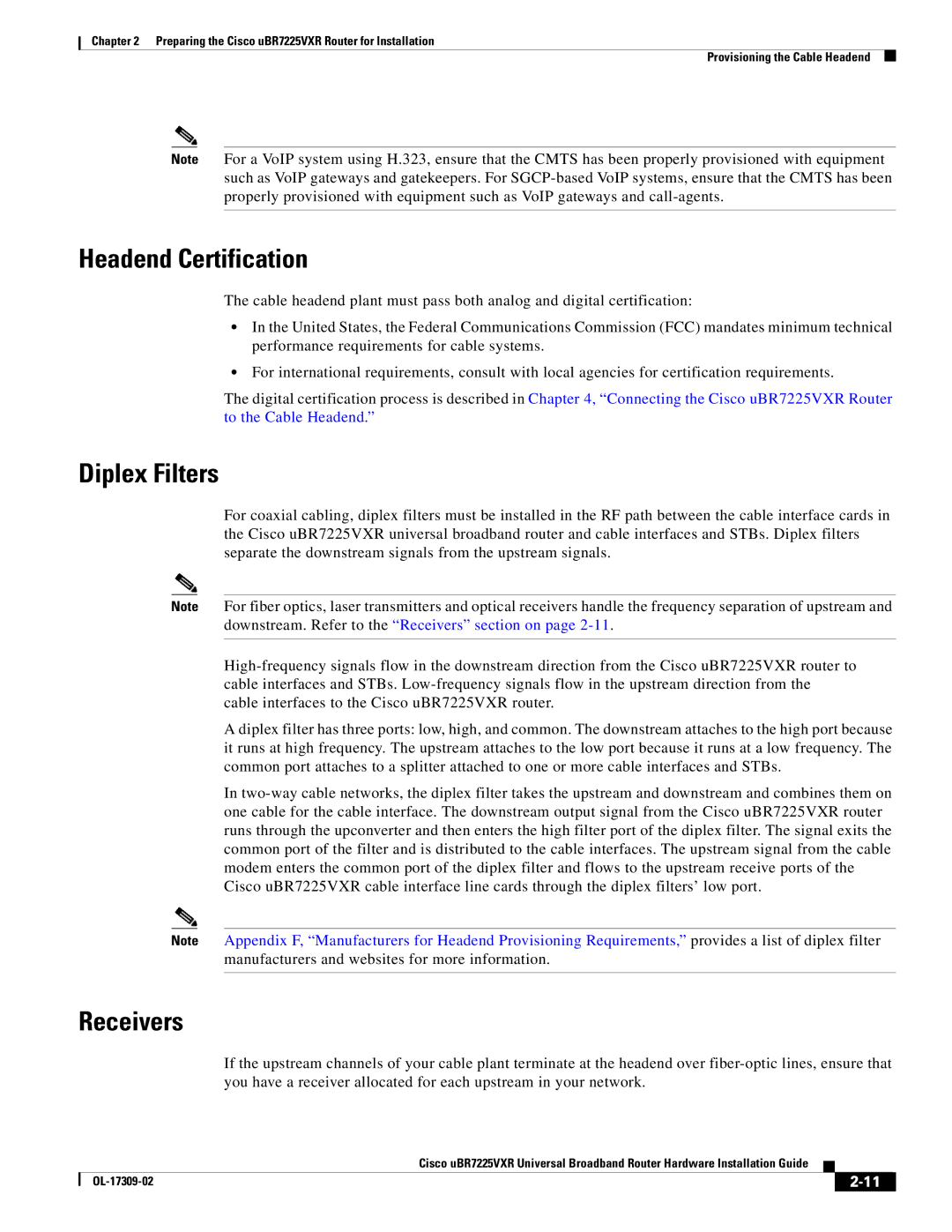 Cisco Systems UBR7225VXR specifications Headend Certification, Diplex Filters, Receivers 