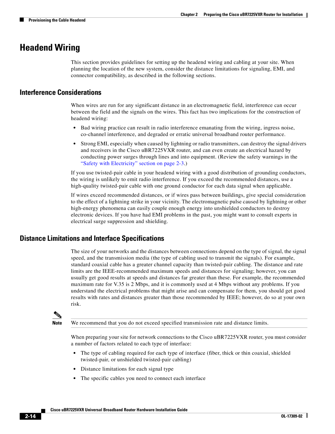 Cisco Systems UBR7225VXR specifications Headend Wiring, Interference Considerations 