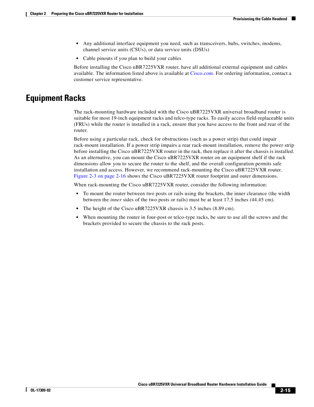 Cisco Systems UBR7225VXR specifications Equipment Racks 