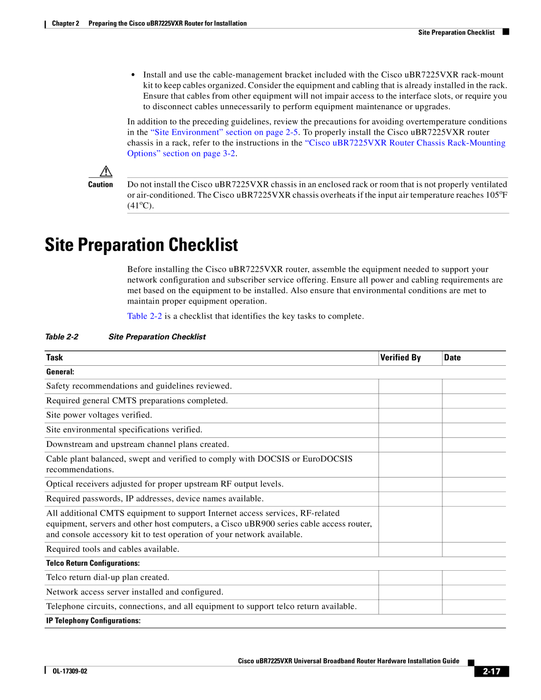 Cisco Systems UBR7225VXR specifications Site Preparation Checklist, Task Verified By Date 